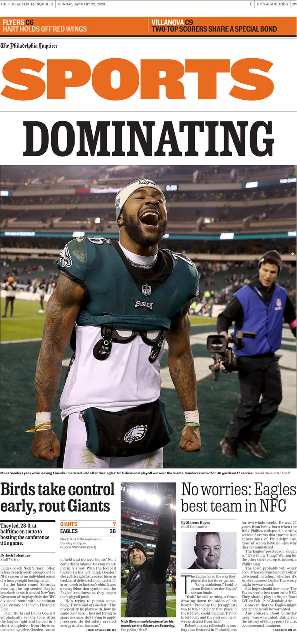 Reprint of Sports Section in The Philadelphia Inquirer: 1/22/23 - Birds Advance to the NFC Championship